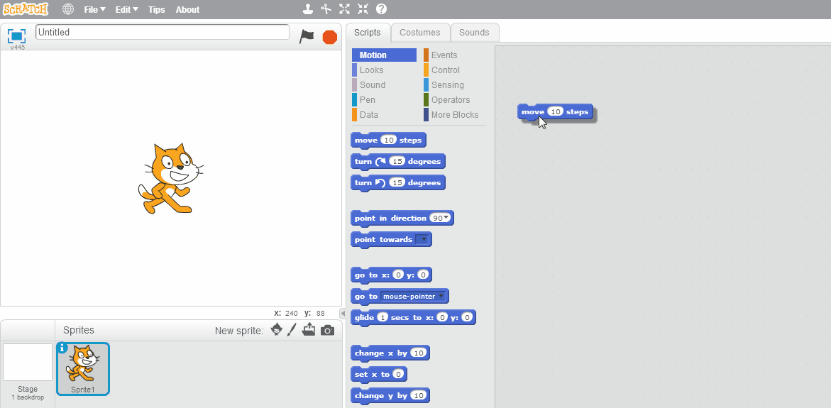Animated Gif showing how to create and run a simple Scratch program.